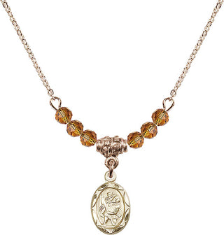 18" Hamilton Gold Plated Necklace with 4mm Topaz Crystal Beads featuring a 14kt Gold Filled Saint Christopher Medal.