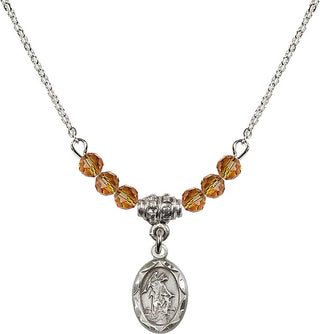 18" Rhodium Plated Necklace with 4mm Topaz Crystal Beads featuring a Sterling Silver Guardian Angel Medal.