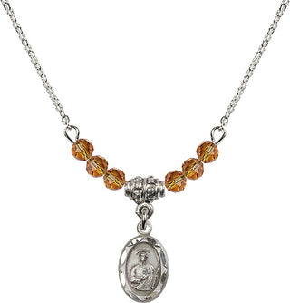 18" Rhodium Plated Necklace with 4mm Topaz Crystal Beads featuring a Sterling Silver Saint Jude Medal.