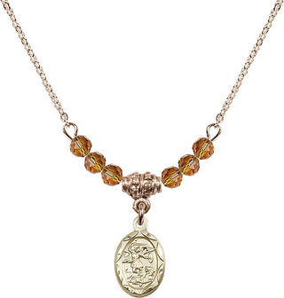 18" Hamilton Gold Plated Necklace with 4mm Topaz Crystal Beads featuring a 14kt Gold Filled Saint Michael the Archangel Medal.