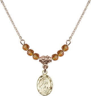 18" Hamilton Gold Plated Necklace with 4mm Topaz Crystal Beads featuring a 14kt Gold Filled Scapular Medal.