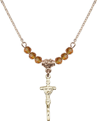18" Hamilton Gold Plated Necklace with 4mm Topaz Crystal Beads featuring a 14kt Gold Filled Papal Crucifix Medal.