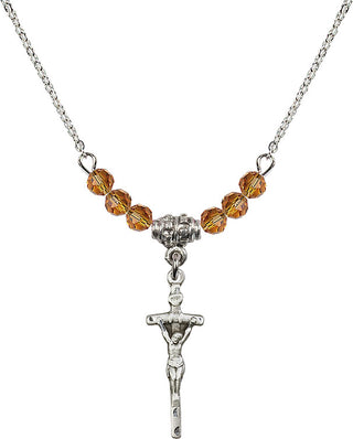 18" Rhodium Plated Necklace with 4mm Topaz Crystal Beads featuring a Sterling Silver Papal Crucifix Medal.