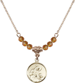 18" Hamilton Gold Plated Necklace with 4mm Topaz Crystal Beads featuring a 14kt Gold Filled Saint Ann Medal. Engraved Catholic Saint Jewelry