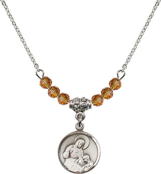 18" Rhodium Plated Necklace with 4mm Topaz Crystal Beads featuring a Sterling Silver Saint Ann Medal. Engraved Catholic Saint Jewelry
