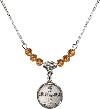 18" Rhodium Plated Necklace with 4mm Topaz Crystal Beads featuring a Sterling Silver Baptism Medal. Engraved Catholic Saint Jewelry
