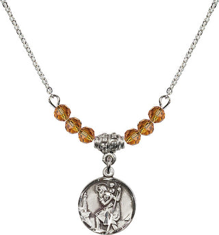 18" Rhodium Plated Necklace with 4mm Topaz Crystal Beads featuring a Sterling Silver Saint Christopher Medal. Engraved Catholic Saint Jewelry