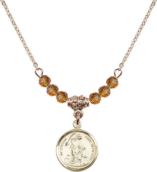 18" Hamilton Gold Plated Necklace with 4mm Topaz Crystal Beads featuring a 14kt Gold Filled Guardian Angel Medal. Engraved Catholic Saint Jewelry