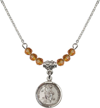 18" Rhodium Plated Necklace with 4mm Topaz Crystal Beads featuring a Sterling Silver Guardian Angel Medal. Engraved Catholic Saint Jewelry