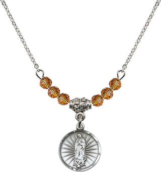 18" Rhodium Plated Necklace with 4mm Topaz Crystal Beads featuring a Sterling Silver Our Lady of Guadalupe Medal. Engraved Catholic Saint Jewelry