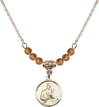 18" Hamilton Gold Plated Necklace with 4mm Topaz Crystal Beads featuring a 14kt Gold Filled Saint Gerard Medal. Engraved Catholic Saint Jewelry