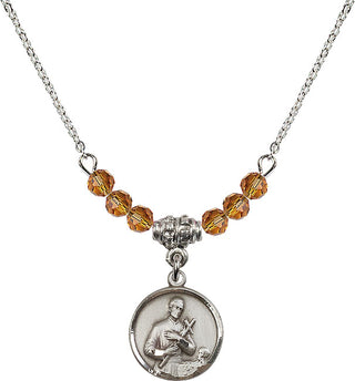 18" Rhodium Plated Necklace with 4mm Topaz Crystal Beads featuring a Sterling Silver Saint Gerard Medal. Engraved Catholic Saint Jewelry