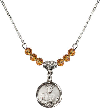 18" Rhodium Plated Necklace with 4mm Topaz Crystal Beads featuring a Sterling Silver Saint Jude Medal. Engraved Catholic Saint Jewelry