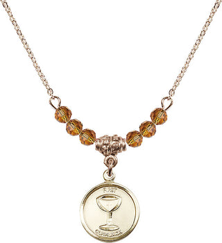 18" Hamilton Gold Plated Necklace with 4mm Topaz Crystal Beads featuring a 14kt Gold Filled Communion Medal. Engraved Catholic Saint Jewelry