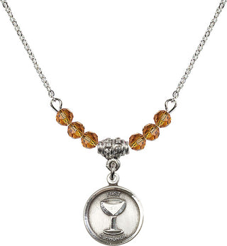 18" Rhodium Plated Necklace with 4mm Topaz Crystal Beads featuring a Sterling Silver Communion Medal. Engraved Catholic Saint Jewelry
