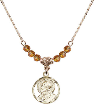 18" Hamilton Gold Plated Necklace with 4mm Topaz Crystal Beads featuring a 14kt Gold Filled Scapular Medal.