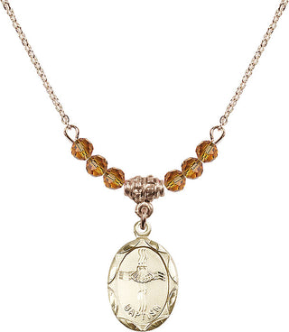 18" Hamilton Gold Plated Necklace with 4mm Topaz Crystal Beads featuring a 14kt Gold Filled Baptism Medal. Engraved Catholic Saint Jewelry