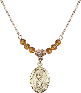 18" Hamilton Gold Plated Necklace with 4mm Topaz Crystal Beads featuring a 14kt Gold Filled Saint Christopher Medal. Engraved Catholic Saint Jewelry