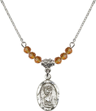 18" Rhodium Plated Necklace with 4mm Topaz Crystal Beads featuring a Sterling Silver Saint Christopher Medal. Engraved Catholic Saint Jewelry