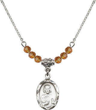 18" Rhodium Plated Necklace with 4mm Topaz Crystal Beads featuring a Sterling Silver Saint Jude Medal. Engraved Catholic Saint Jewelry