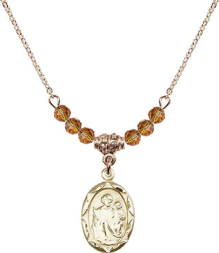 18" Hamilton Gold Plated Necklace with 4mm Topaz Crystal Beads featuring a 14kt Gold Filled Saint Joseph Medal. Engraved Catholic Saint Jewelry