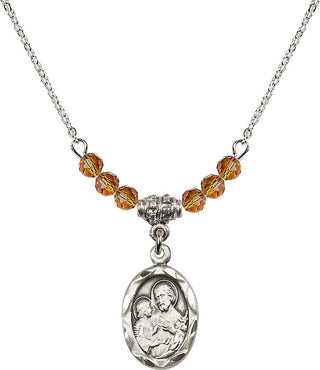 18" Rhodium Plated Necklace with 4mm Topaz Crystal Beads featuring a Sterling Silver Saint Joseph Medal. Engraved Catholic Saint Jewelry