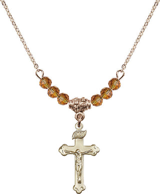 18" Hamilton Gold Plated Necklace with 4mm Topaz Crystal Beads featuring a 14kt Gold Filled Crucifix Medal.