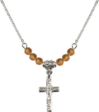 18" Rhodium Plated Necklace with 4mm Topaz Crystal Beads featuring a Sterling Silver Cross Medal.
