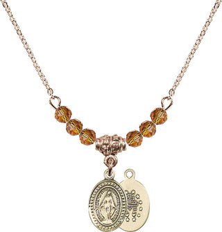 18" Hamilton Gold Plated Necklace with 4mm Topaz Crystal Beads featuring a 14kt Gold Filled Miraculous Medal.