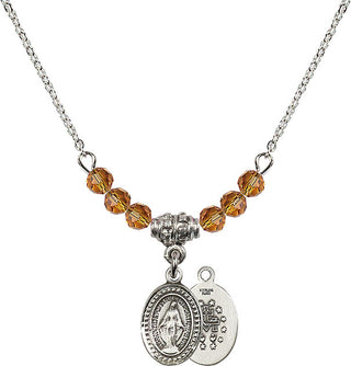 18" Rhodium Plated Necklace with 4mm Topaz Crystal Beads featuring a Sterling Silver Miraculous Medal.