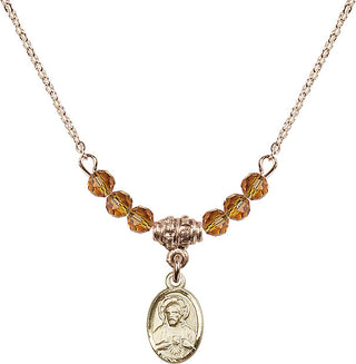18" Hamilton Gold Plated Necklace with 4mm Topaz Crystal Beads featuring a 14kt Gold Filled Scapular Medal.