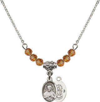 18" Rhodium Plated Necklace with 4mm Topaz Crystal Beads featuring a Sterling Silver Scapular Medal.