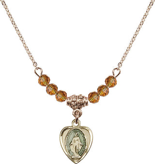 18" Hamilton Gold Plated Necklace with 4mm Topaz Crystal Beads featuring a 14kt Gold Filled Miraculous Medal.