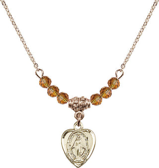 18" Hamilton Gold Plated Necklace with 4mm Topaz Crystal Beads featuring a 14kt Gold Filled Miraculous Medal.
