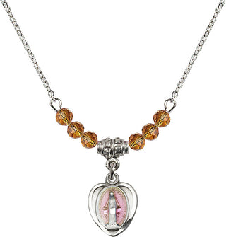 18" Rhodium Plated Necklace with 4mm Topaz Crystal Beads featuring a Sterling Silver Miraculous Medal.