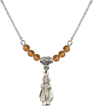 18" Rhodium Plated Necklace with 4mm Topaz Crystal Beads featuring a Sterling Silver Infant of Prague Medal.