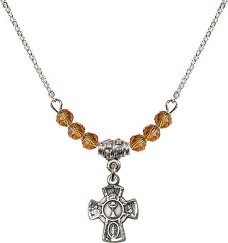 18" Rhodium Plated Necklace with 4mm Topaz Crystal Beads featuring a Sterling Silver 5-Way / Chalice Medal.
