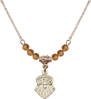 18" Hamilton Gold Plated Necklace with 4mm Topaz Crystal Beads featuring a 14kt Gold Filled Seven Gifts Medal.