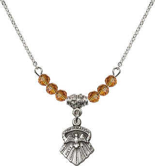 18" Rhodium Plated Necklace with 4mm Topaz Crystal Beads featuring a Sterling Silver Seven Gifts Medal.