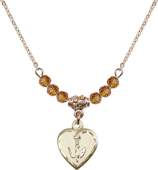 18" Hamilton Gold Plated Necklace with 4mm Topaz Crystal Beads featuring a 14kt Gold Filled Heart / Confirmation Medal.