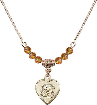 18" Hamilton Gold Plated Necklace with 4mm Topaz Crystal Beads featuring a 14kt Gold Filled Heart / Communion Medal.