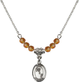 18" Rhodium Plated Necklace with 4mm Topaz Crystal Beads featuring a Sterling Silver First Penance Medal.