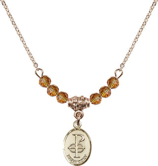 18" Hamilton Gold Plated Necklace with 4mm Topaz Crystal Beads featuring a 14kt Gold Filled Matrimony Medal.