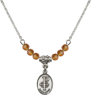18" Rhodium Plated Necklace with 4mm Topaz Crystal Beads featuring a Sterling Silver Matrimony Medal.