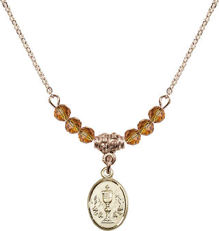 18" Hamilton Gold Plated Necklace with 4mm Topaz Crystal Beads featuring a 14kt Gold Filled Chalice Medal.