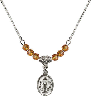 18" Rhodium Plated Necklace with 4mm Topaz Crystal Beads featuring a Sterling Silver Chalice Medal.