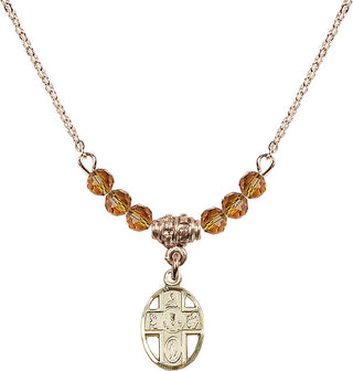 18" Hamilton Gold Plated Necklace with 4mm Topaz Crystal Beads featuring a 14kt Gold Filled 5-Way / Chalice Medal.