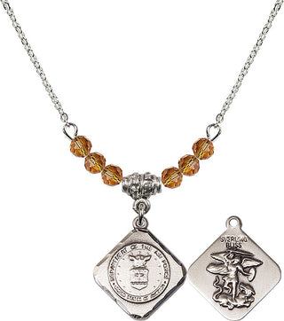 18" Rhodium Plated Necklace with 4mm Topaz Crystal Beads featuring a Sterling Silver Air Force Diamond Medal.