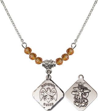 18" Rhodium Plated Necklace with 4mm Topaz Crystal Beads featuring a Sterling Silver Nat'l Guard Diamond Medal.