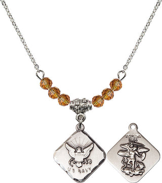 18" Rhodium Plated Necklace with 4mm Topaz Crystal Beads featuring a Sterling Silver Navy Diamond Medal.